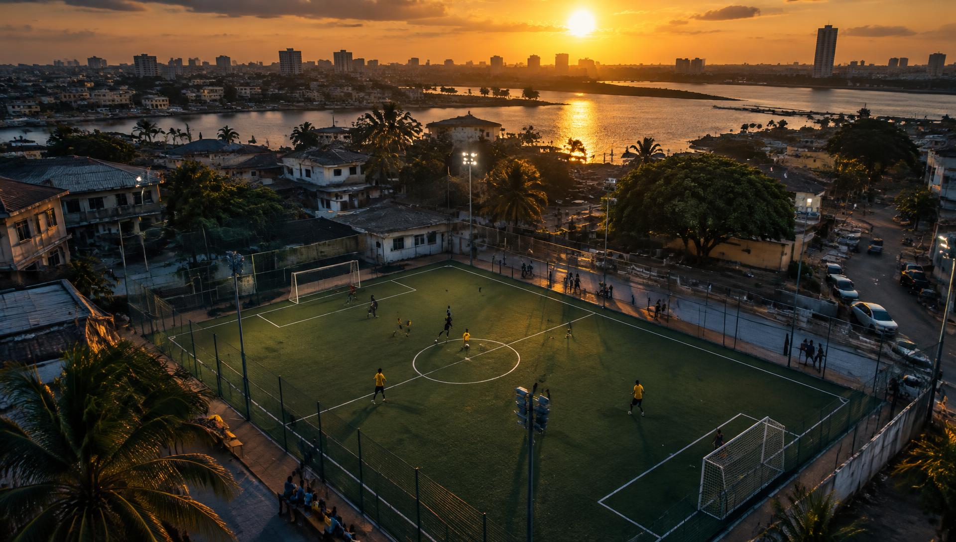 Aerial view of a minifootball pitch in South Sudan